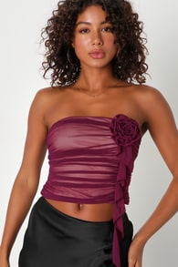 Here for Attention Purple Mesh Ruched Rosette Strapless Top