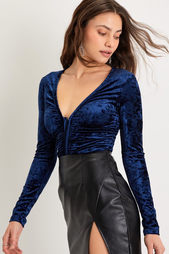 Lulus Perfectly Pleased Navy Blue Velvet Ruched Long Sleeve Bodysuit
