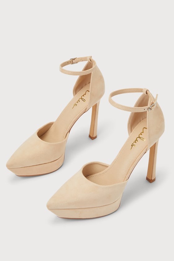 Salena Light Nude Suede Platform Pointed-Toe Ankle Strap Pumps 5