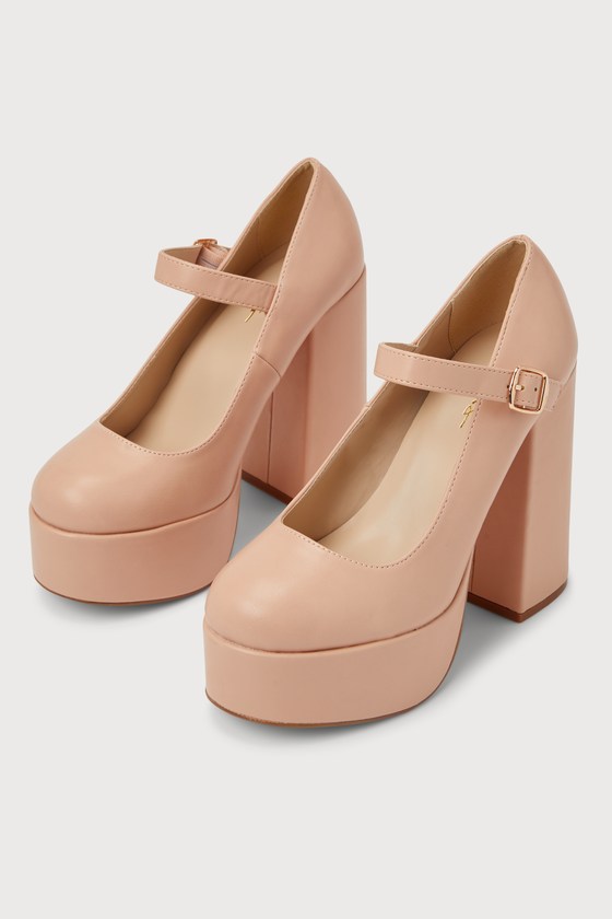 Cute Light Nude Pumps Faux Leather Mary Janes Platform Pumps Lulus
