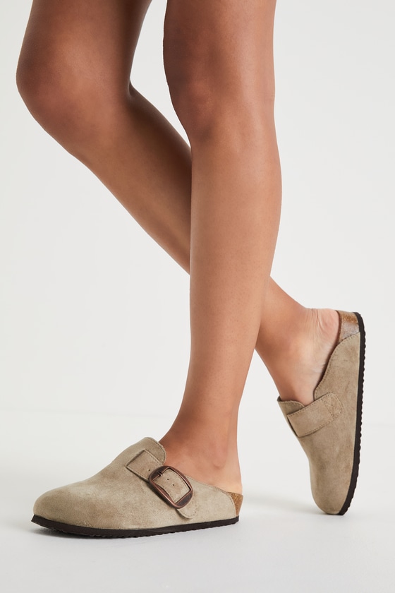 Prim Taupe Suede Buckle Flatform Slip-On Clogs 1
