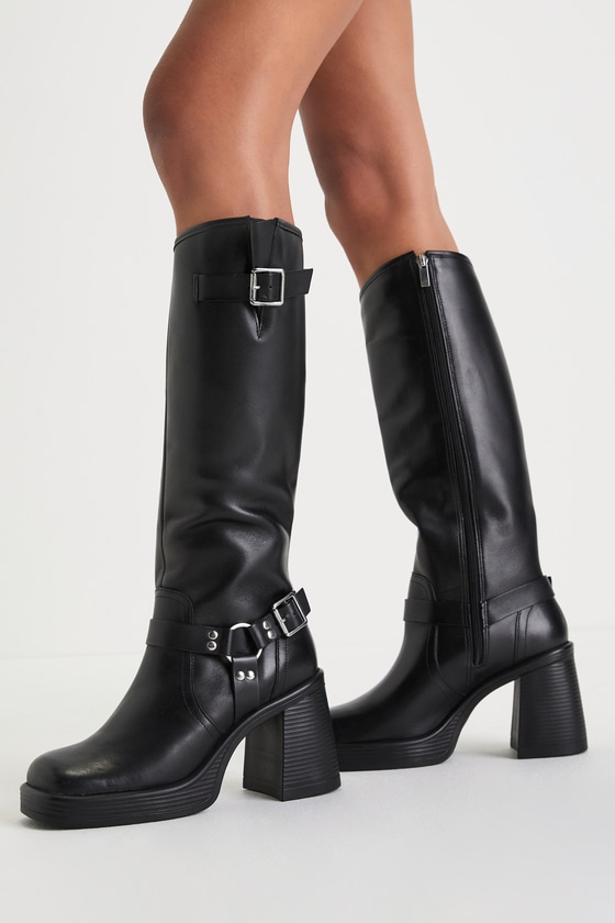 Francine Black Leather Knee-High Moto Boots 1
