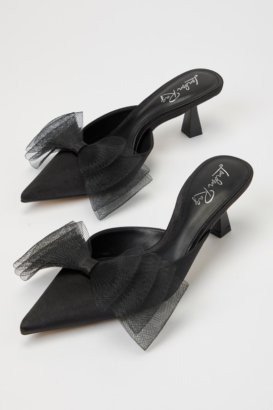 London Rag Asma Black Satin Tulle Bow Pointed-toe Kitten Heel Pumps