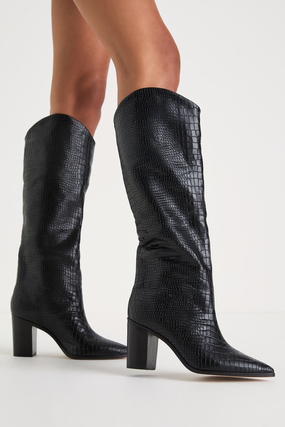 Shop Schutz Maryana Black Croc-embossed Leather Knee-high Boots