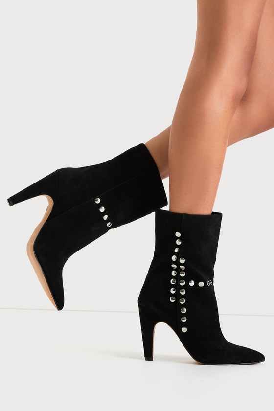 42 Gold Konnie Black Genuine Suede Leather Studded Pointed-toe Mid-calf High Heel Boots
