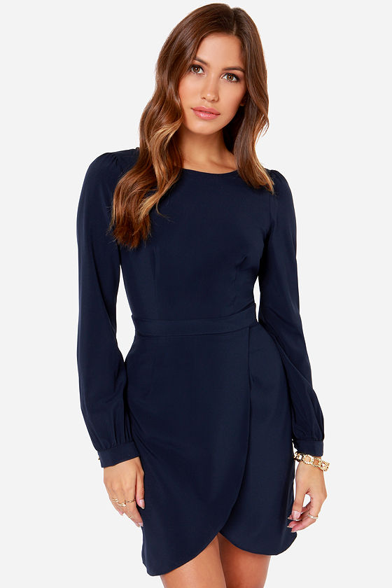 navy blue long sleeve cocktail dress
