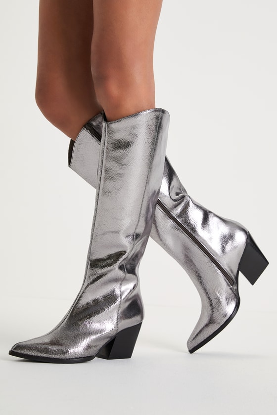 Seychelles Begging You Pewter Grey Metallic Leather Knee-high High Heel Boots In Silver