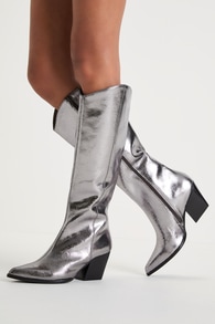 Begging You Pewter Grey Metallic Leather Knee-High Boots