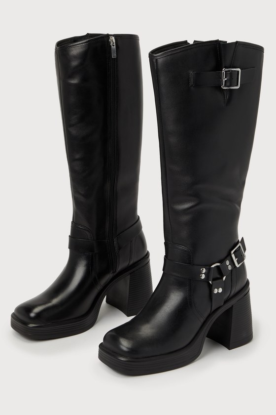 Francine Black Leather Knee-High Moto Boots 3