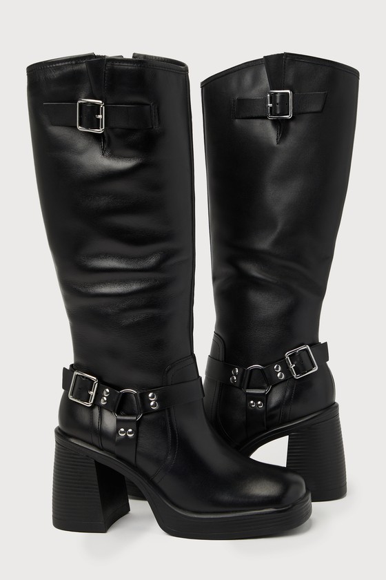 Francine Black Leather Knee-High Moto Boots - Lulus