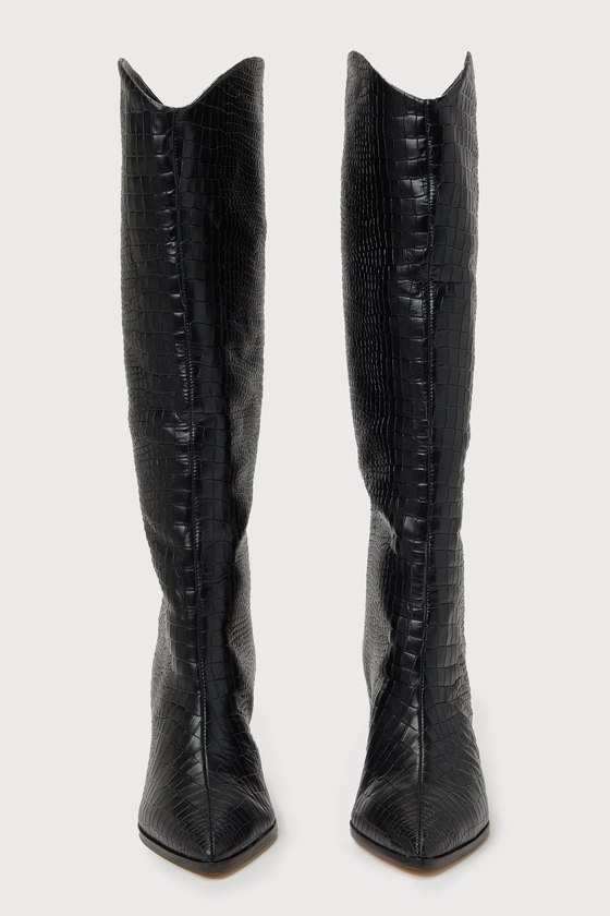 Schutz Maryana Black - Black Leather Boots - Croc-Embossed Boots