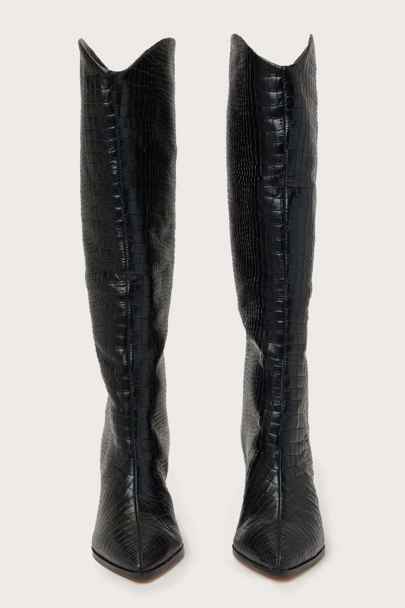 Schutz Maryana Black - Black Leather Boots - Croc-Embossed Boots - Lulus