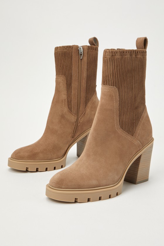 Shop Dolce Vita Marni H20 Truffle Taupe Suede Leather Mid-calf High Heel Boots