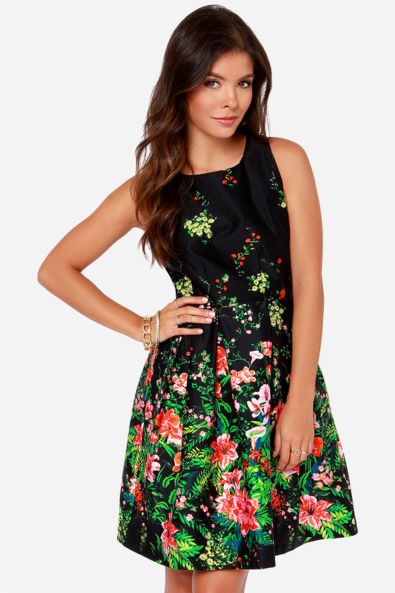 Cute Floral Print Dress - Skater Dress - Black Dress - $86.00 - Lulus