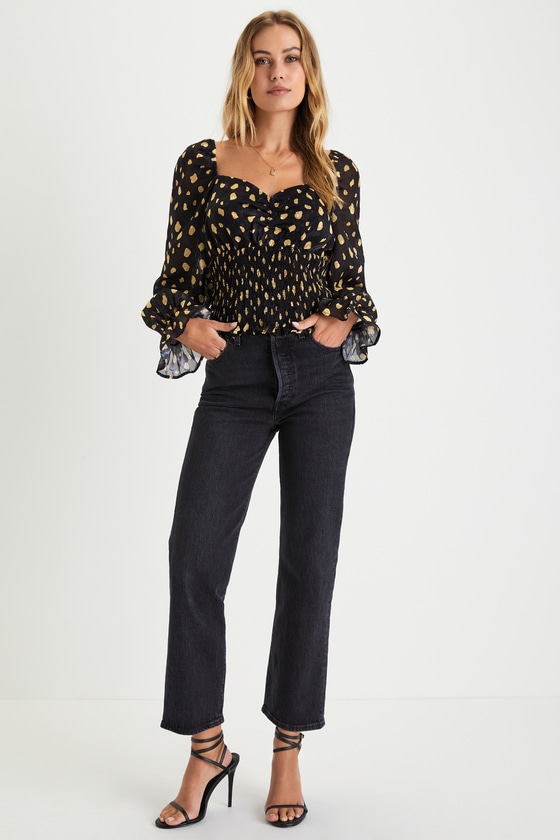Nostalgia Smocked Swiss Dot Top - Black
