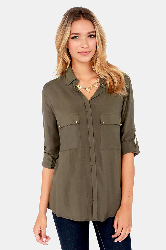 Cute Olive Top - Button-Up Top - Long Sleeve Top - Studded Top - $41.00 ...