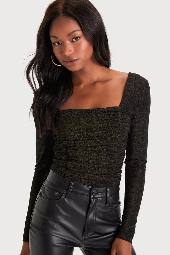 Cute Black and Gold Lurex Top - Ruched Crop Top - Long Sleeve Top - Lulus
