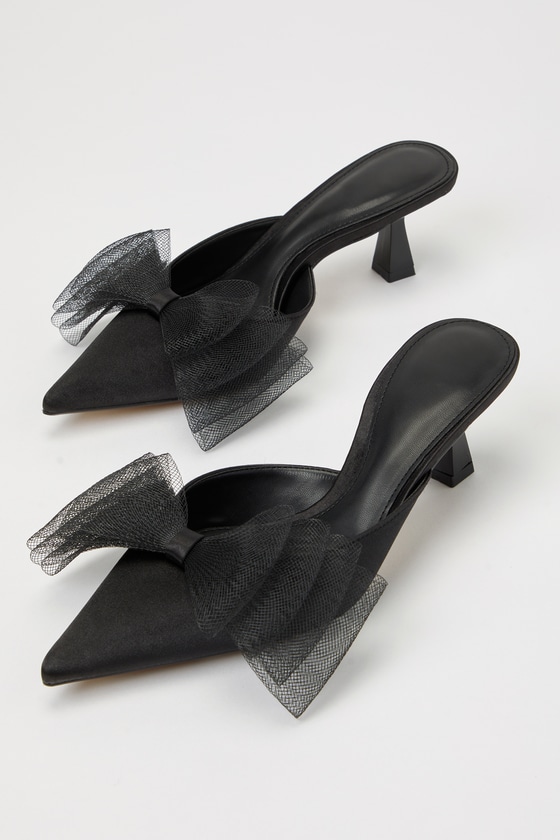 Asma Black Satin Tulle Bow Pointed-Toe Kitten Heel Pumps 3