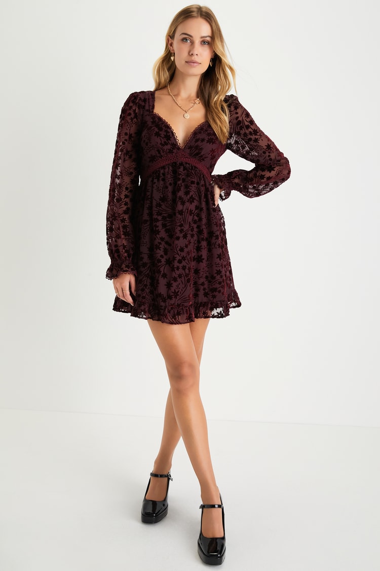 Charming Favorite Burgundy Burnout Velvet Babydoll Mini Dress