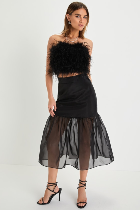 Work of Heart Black Organza Drop Waist Midi Skirt 1
