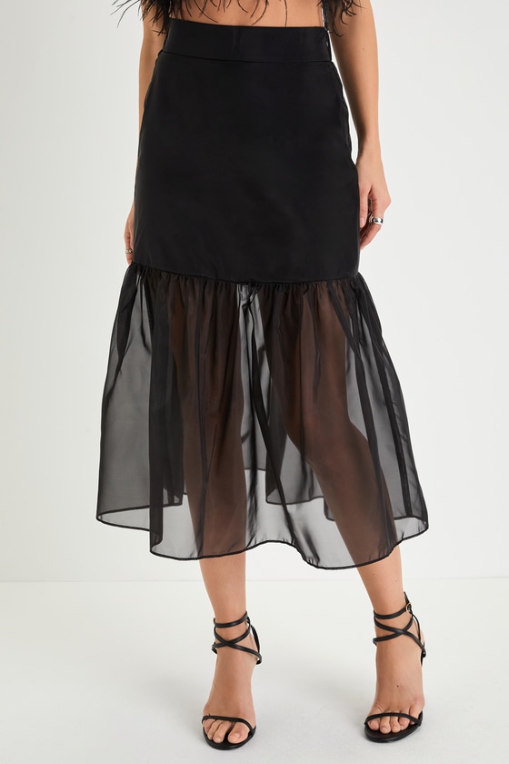 Work of Heart Black Organza Drop Waist Midi Skirt 3