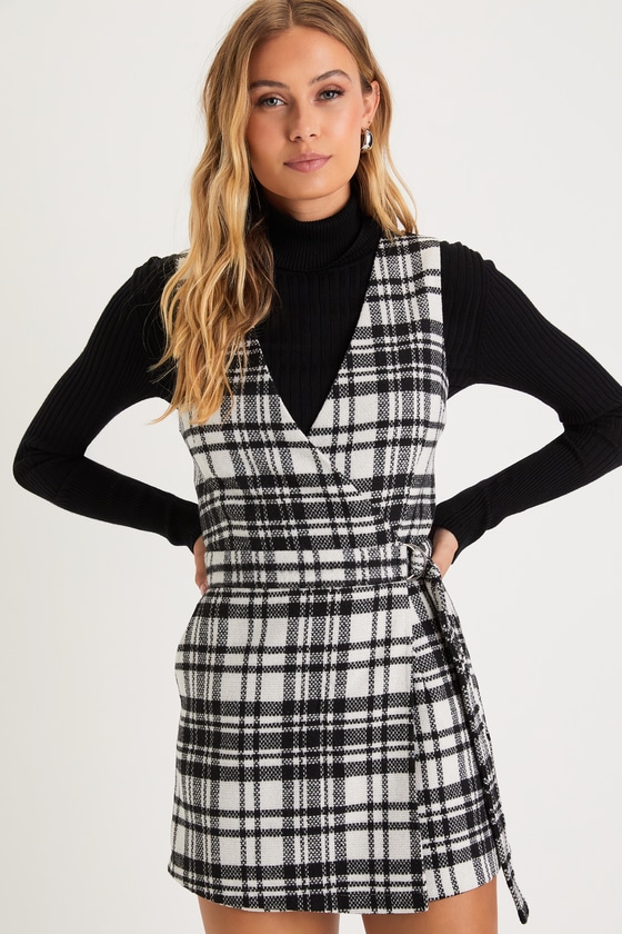 Lulus Remarkable Aesthetic White And Black Plaid Skort Wrap Romper