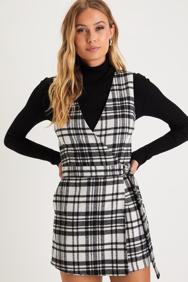 Remarkable Aesthetic White and Black Plaid Skort Wrap Romper