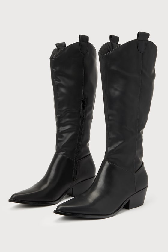 Black Faux Leather Boots PointedToe Boots KneeHigh Boots Lulus