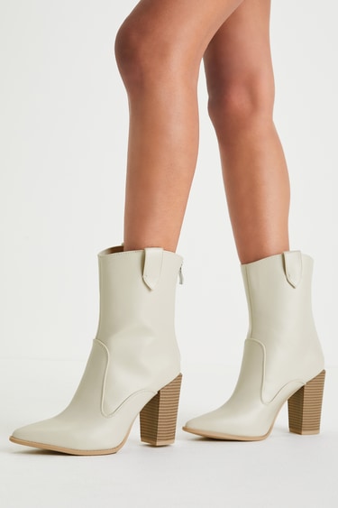 Perilla Off White Pointed Toe Mid-Calf Western Boots