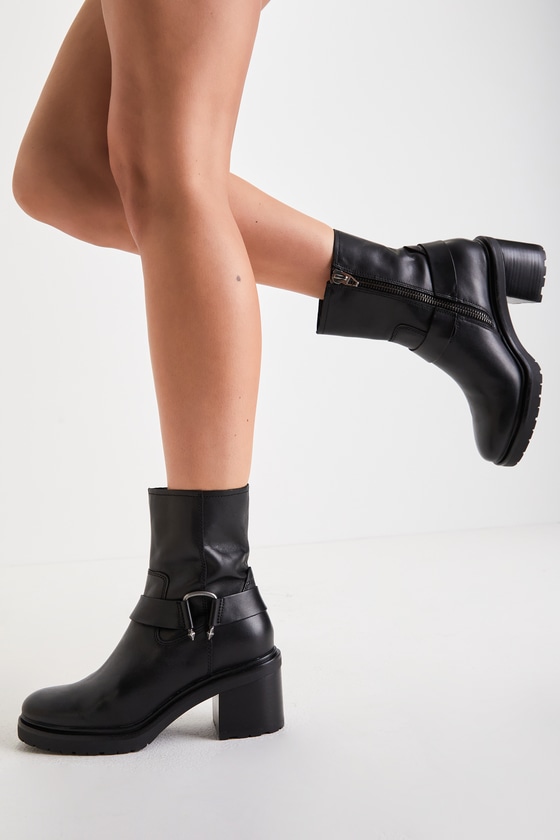 Dolce Vita Camros - Black Leather Boots - Mid-Calf Moto Boots - Lulus