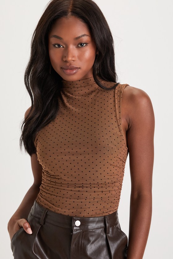 Upscale Impulse Brown Mesh Swiss Dot Mock Neck Bodysuit 4