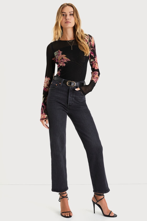 Betty's Garden Black Floral Mesh Long Sleeve Top 1