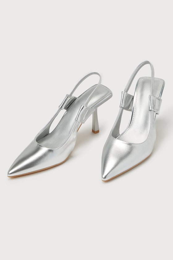 Lohanna Silver Pointed-Toe Slingback Mule Pumps 2