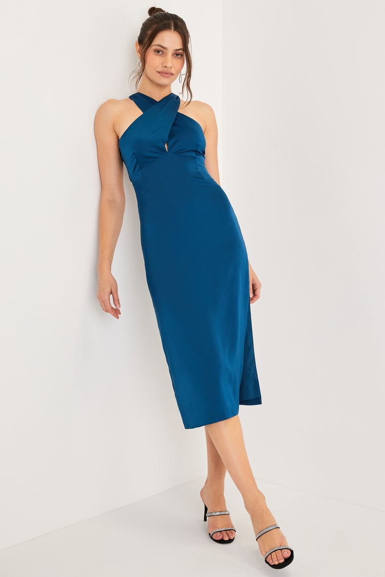 Truly Picturesque Dark Teal Blue Satin Cross-Front Midi Dress