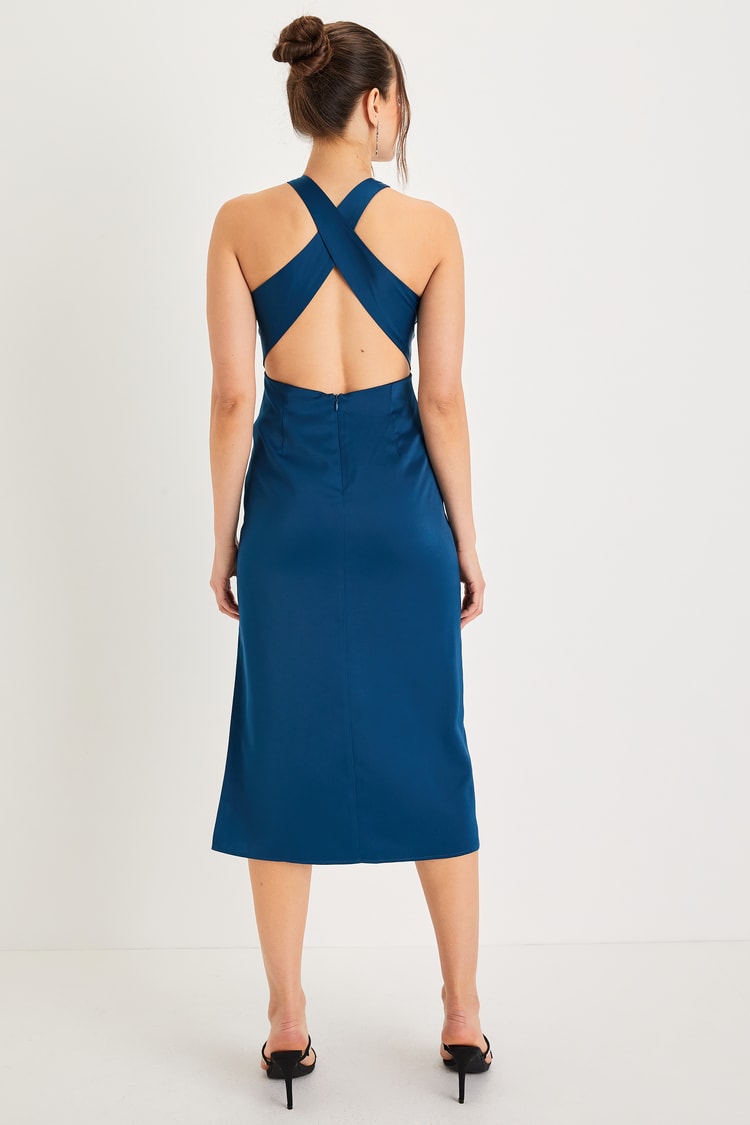 Truly Picturesque Dark Teal Blue Satin Cross-Front Midi Dress Truly Picturesque Dark Teal Blue Satin Cross-Front Midi Dress