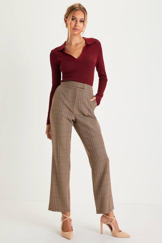 Brown Plaid Trouser Pants - High Rise Pants - Straight Leg Pants - Lulus
