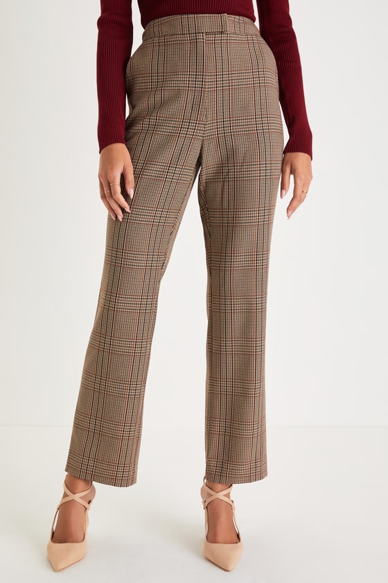 Brown Plaid Trouser Pants - High Rise Pants - Straight Leg Pants - Lulus