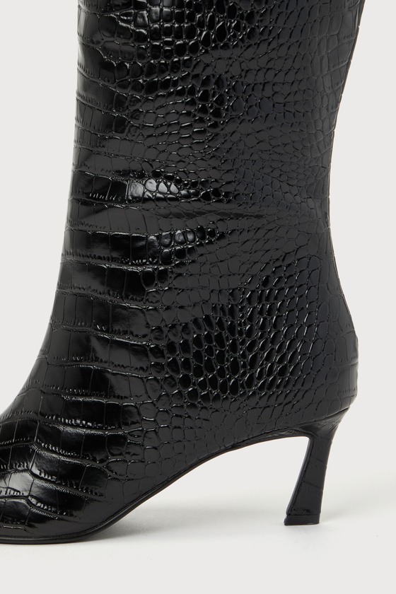 Lavan Black Croc-Embossed Leather Kitten Heel Knee-High Boots 1