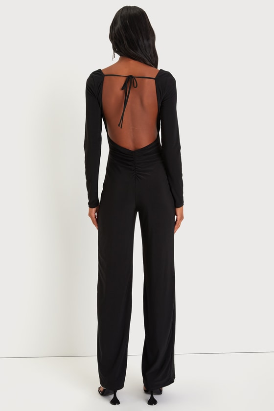Night Out Attitude Black Ruched Tie-Back Long Sleeve Jumpsuit 2