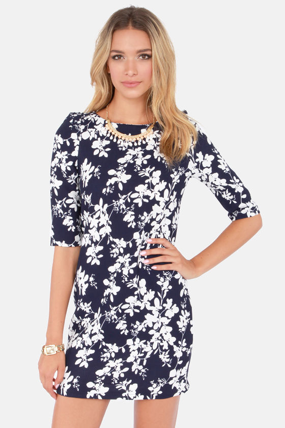 Women Navy Blue & Rust Floral Printed A-Line Dress main image 1
