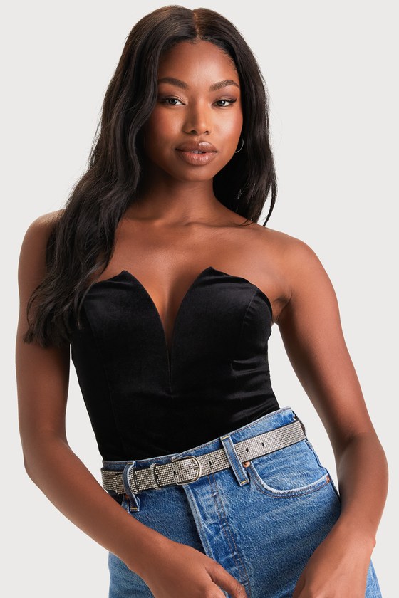 Babe Alert Black Velvet Notched Strapless Bodysuit