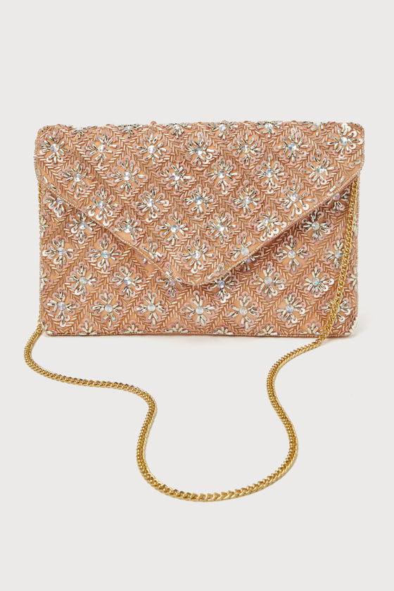 Sparkling Rhinestone Clutch With Decorative Metallic Bow - Pink