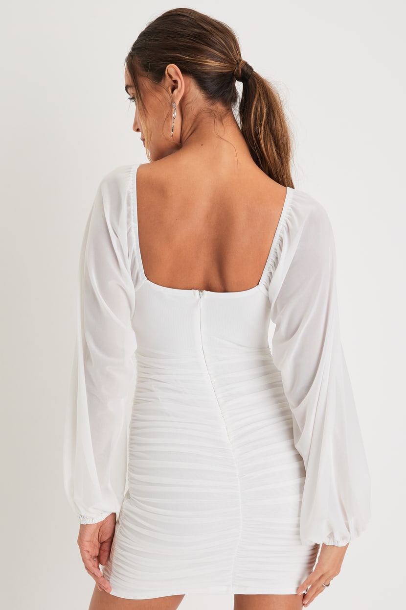 ruched balloon sleeve dress White Mini Dress - Ruched Mesh Dress - Balloon Sleeve Mini Dress