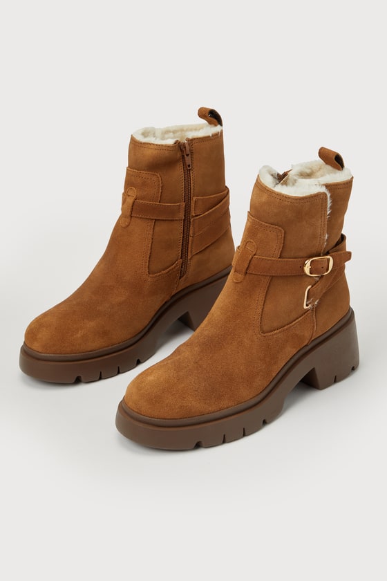 Steve Madden Colletta Camel Genuine Suede Leather Faux Fur-lined Buckle Ankle Booties In Brown
