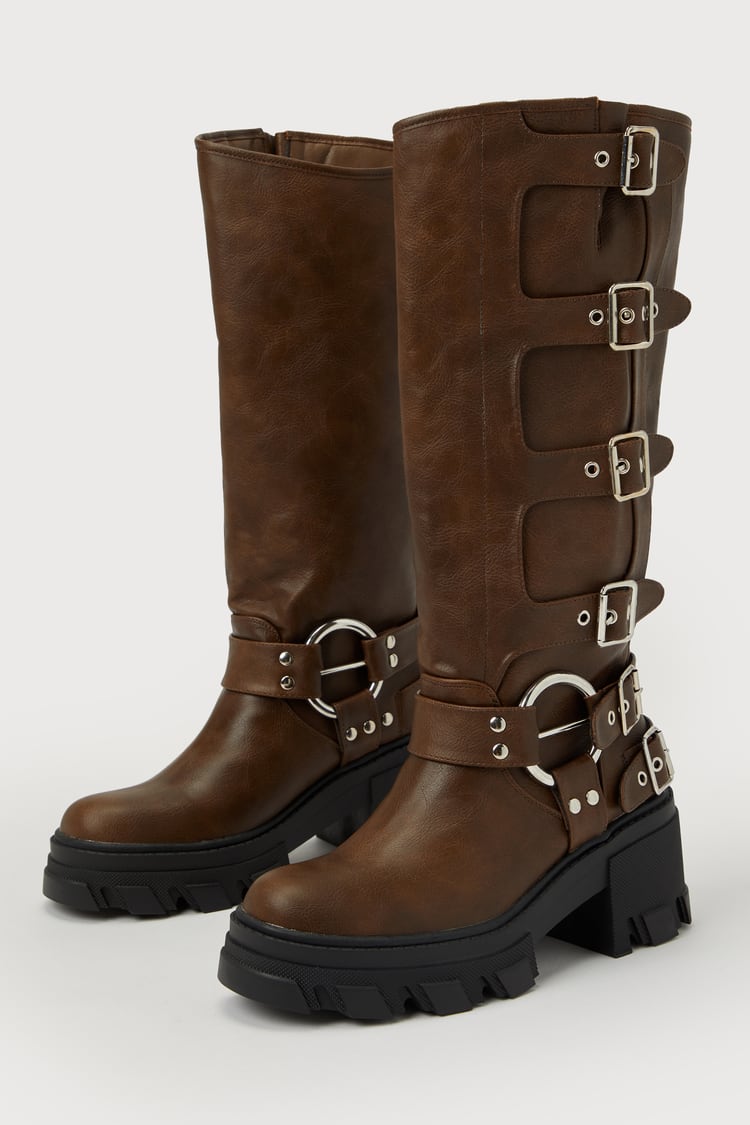 Brown Moto Boots Belted Knee-High Boots Faux Leather Boots Lulus