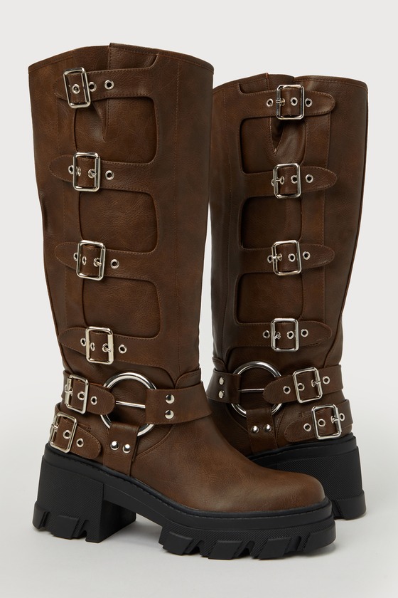 Brown Moto Boots - Belted Knee-High Boots - Faux Leather Boots - Lulus