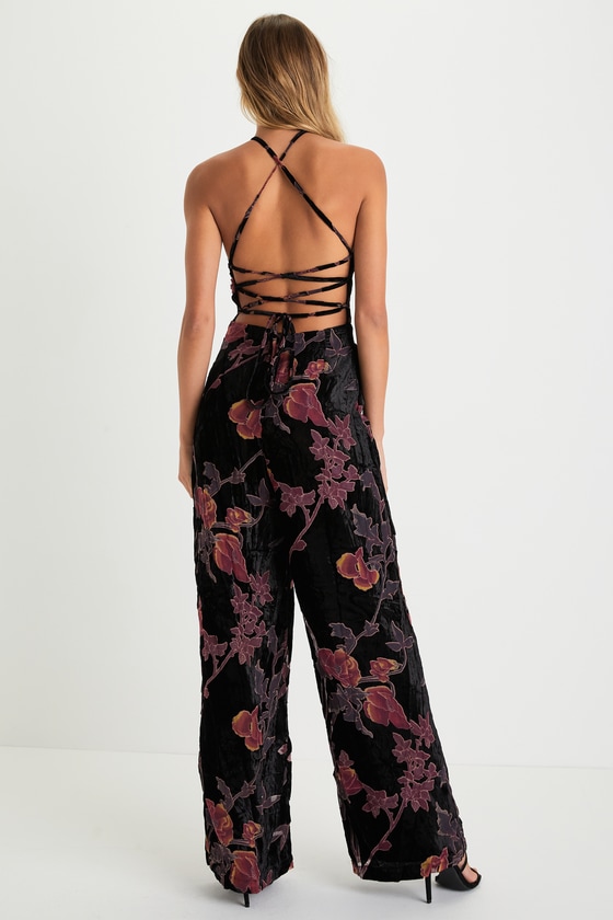 Black Floral Burnout Jumpsuit Velvet Jumpsuit Halter Jumpsuit Lulus