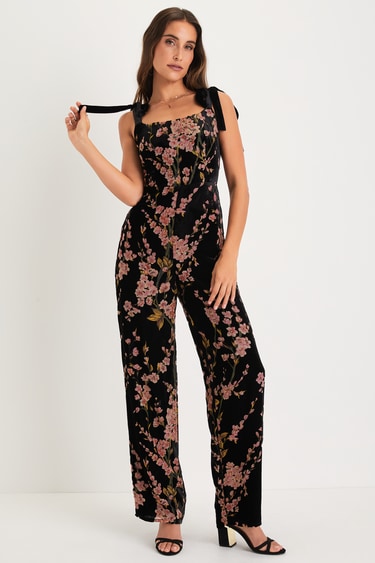 Black Floral Jumpsuit Burnout Jumpsuit Tie-Strap Jumpsuit Lulus