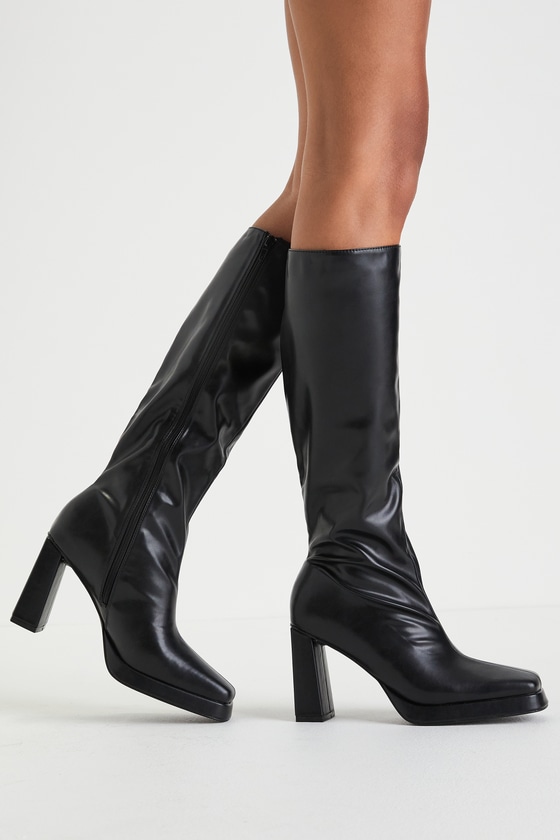 靴 Leather flare boots Black Square Toe Boots - Knee-High Boots - Black Platform Boots