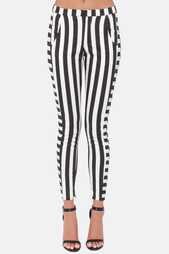 womens striped pants black and white